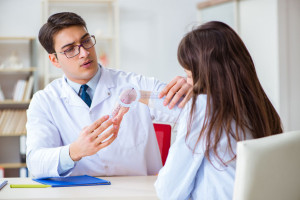 Doctor checking patients joint flexibility with gonimeter